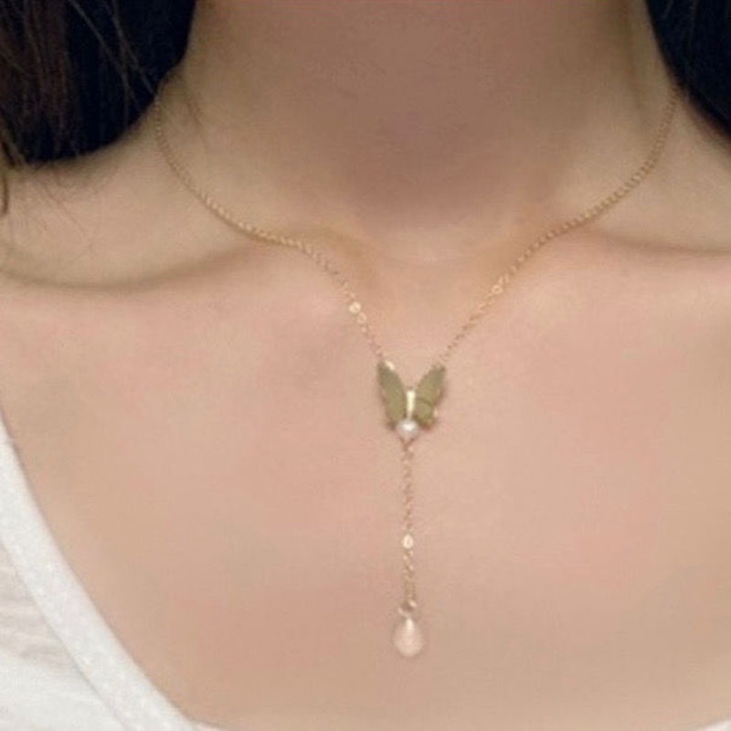 Butterfly Chocker Necklace Fairy Necklace French Retro Korean Version Ins Drop Pendant Light Luxury Niche Clavicle Chain Sweet Heart Jewelry