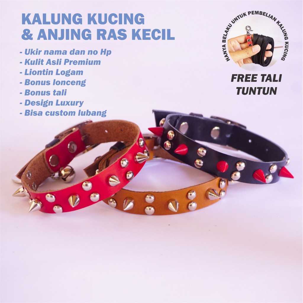 KALUNG KUCING &amp; ANJING RAS KECIL DURI KULIT ASLI GRATIS UKIR NAMA LIONTIN LOGAM