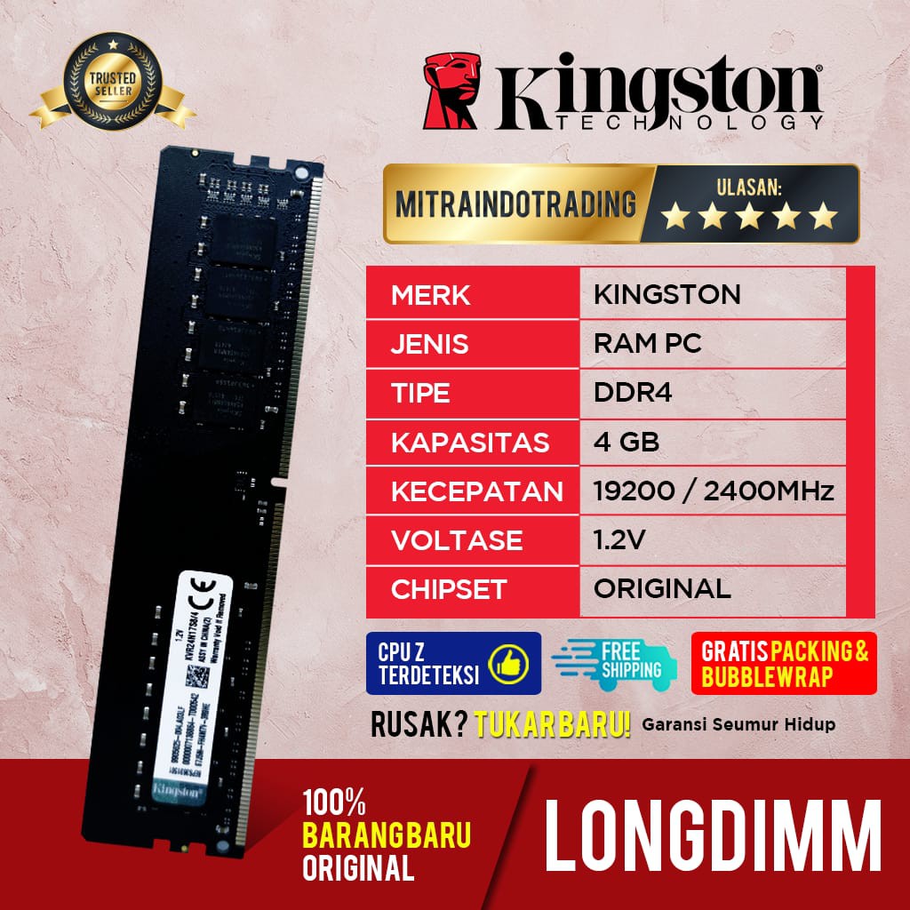 RAM KINGSTON LONGDIMM DDR4 4GB PC 19200/2400 MHZ