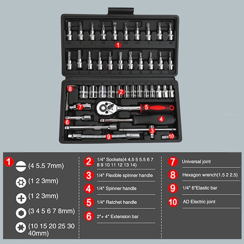 46 pc set socket  (1/4 &quot;) Full Lengkap Socket Tool Kit Pas Ring L Motor Mobil kunci shok set