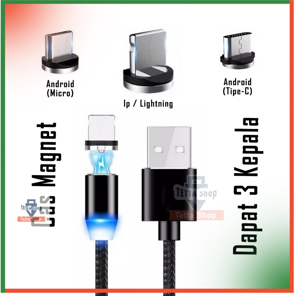 Cas Magnet Micro Tipe C dan Ip Lightning I Kabel Cas 3 In 1 I Beli satu dapat 3 Kepala Bisa Diganti Tinggal Lepas dan Tempell Karena dari Bahan Mahnet Kuat