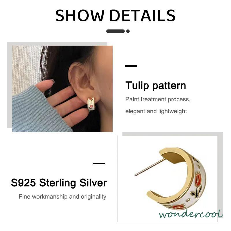 Retro Musim Semi Tulip Lingkaran C Cincin Gaya Hong Kong s925 Sterling Silver Stud Earrings-Won