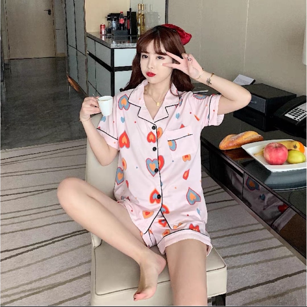 TELLY ➡️ 319 Set Baju Tidur Wanita Dewasa Celana Pendek Piyama Model Kemeja HP Import Korea Motif Kekinian