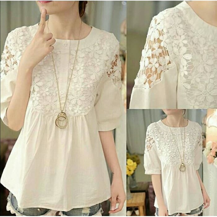 Stayl Bigsize - Blouse Wanita Big Size Mix Renda Brokat | Atas 8106ZL Bronita White [Atasan Wanita B
