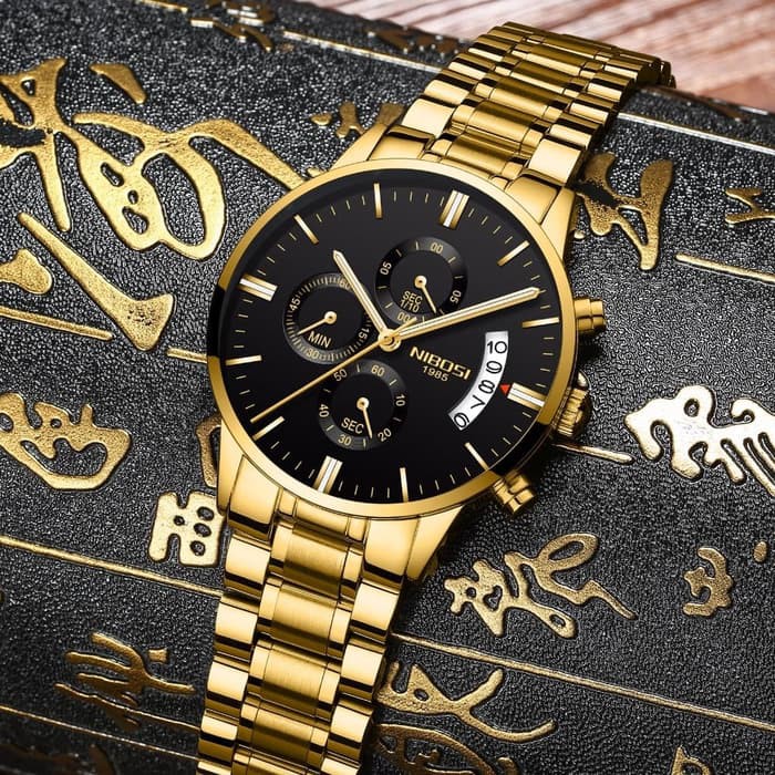 Jam Tangan Pria Original NIBOSI Chronograph 2309 Anti Air Gold Black