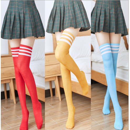 kaos kaki  wanita panjang sepaha di atas lutut over knee socks korea polos strip sock warna warni