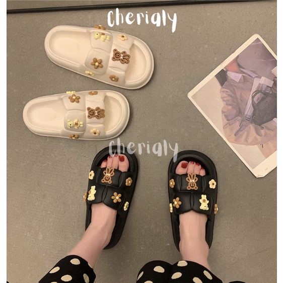 PVC Sandal Jelly Wanita Korean Import Motif Teddy Bear Sol Tebal Non-Slip Slipper Bahan Elastis Empuk Ringan 6608-X1 no