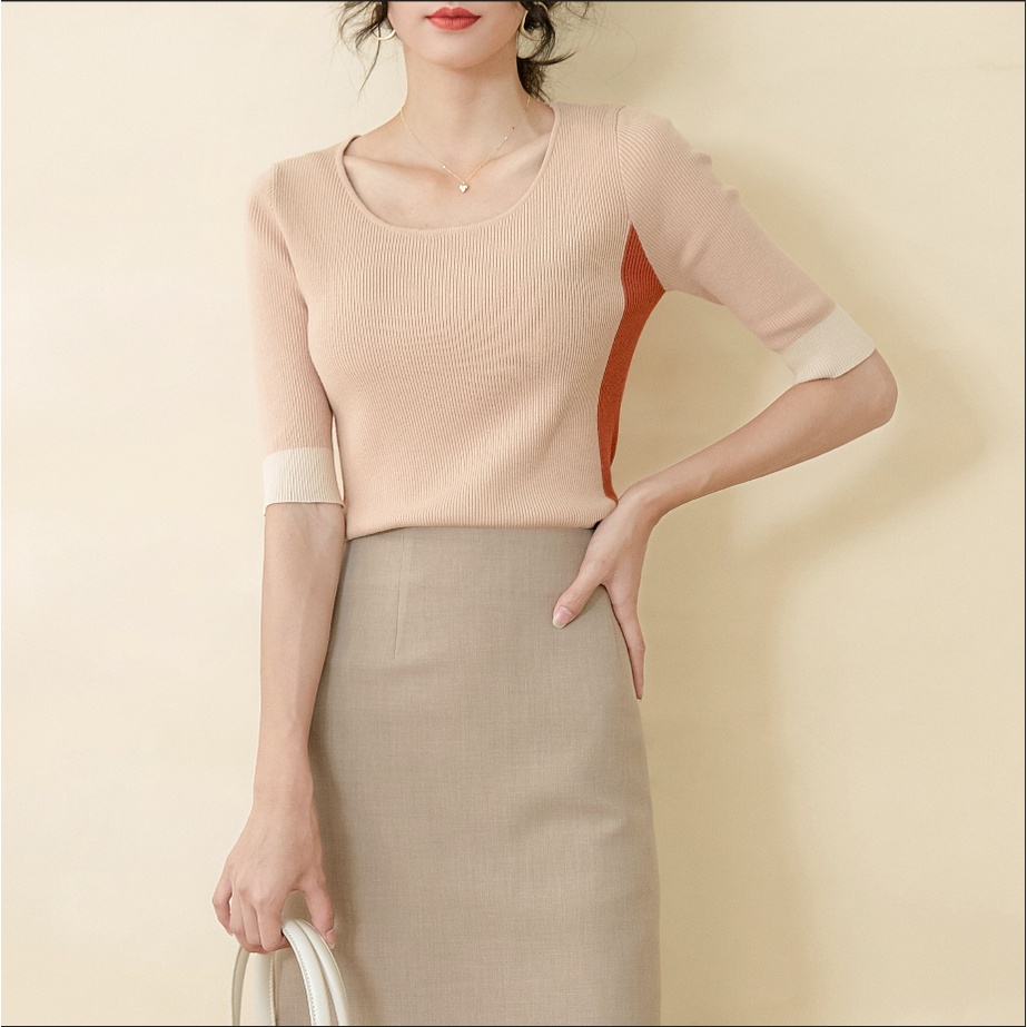 【Elegant】Korean Color Matching Smart Causual Lembut Knit  T-shirts (S/M/L ) 7112