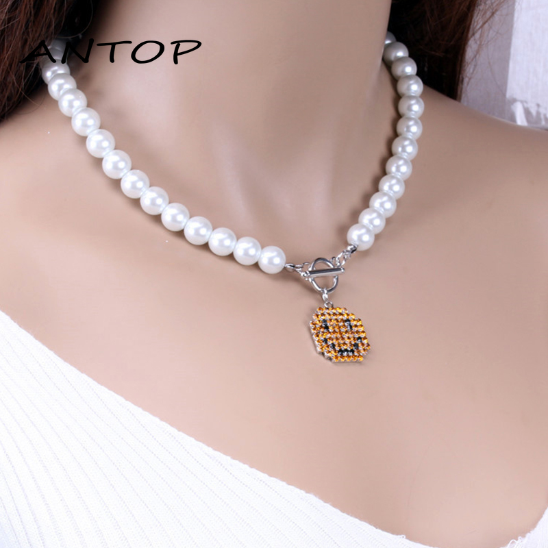 Kalung Mutiara Rantai Wanita Dengan Liontin Bentuk Smiley Gaya Retro Korea ANTOP