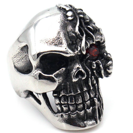 SEUSUK  Punk Double-sided One-eyed Skeleton Retro Band Ruby Domineering Men Ring