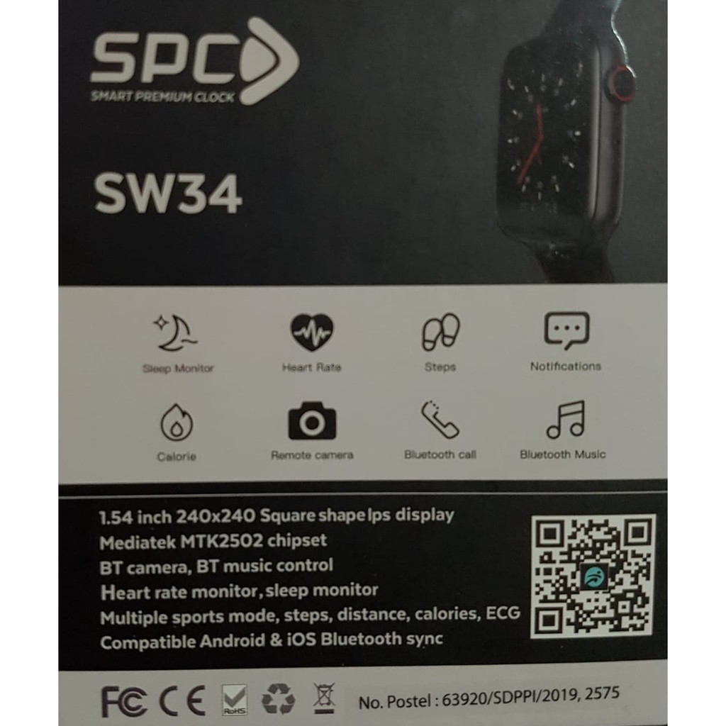 Smartwatch Jam Tangan Pintar Heart Rate Support Android iOS Garansi Resmi SPC SW34 Warna Hitam