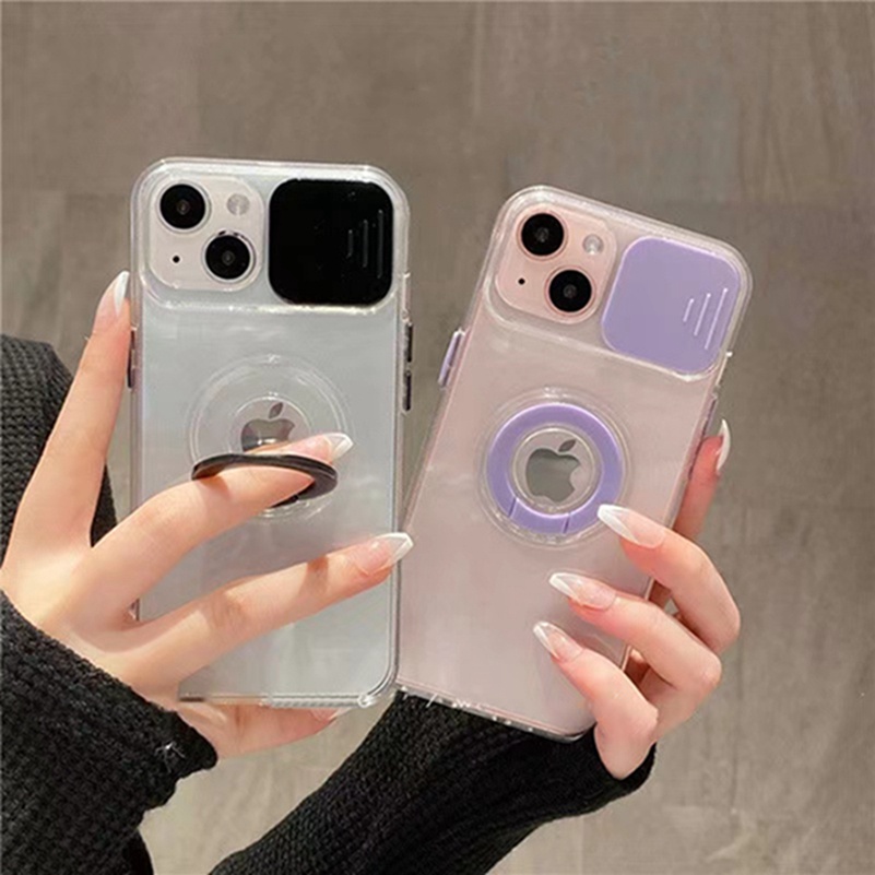 Casing For iPhone 14 13 12 11 Pro Max X XR Xs Max 7 8 6 6s Plus SE 2020 Push-pull Camera Lens Protection Phone Case With Bracket Ring Holder Transparent Shockproof Silicone Soft TPU Protective Cover