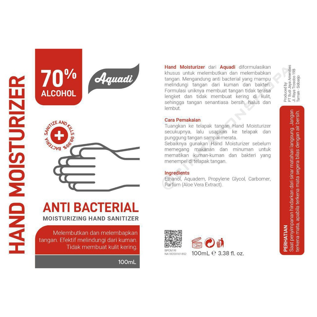 Hand sanitizer AQUADI / Antiseptik / Pembersih tangan alkohol 70% Ethanol / antivirus BPOM RESMI