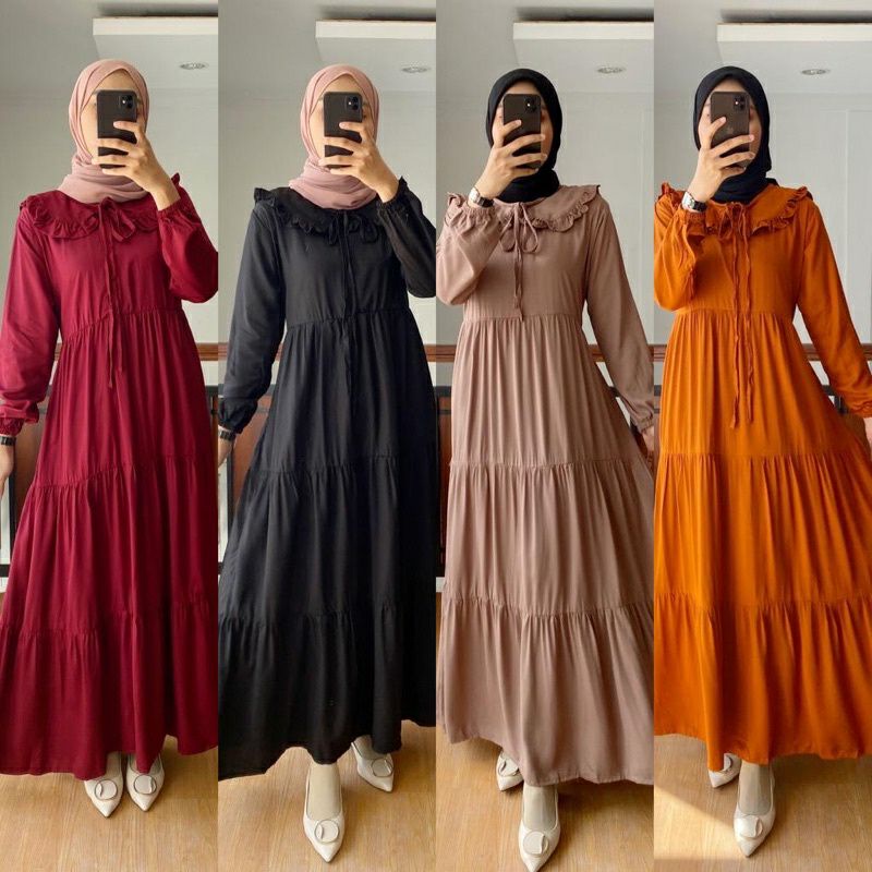 Midi Dress Rayon Twill Tali Kerah Gamis Terbaru Polos 2022 Rempel