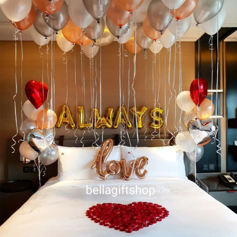 Jual paket dekorasi kamar romantis balon always love rose mawar wedding