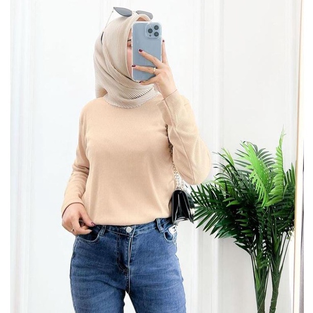 KAOS ATASAN RIB RAJUT LONGSLEEVE WANITA / BAJU WANITA LENGAN PANJANG / KAOS RIB POLOS WANITA