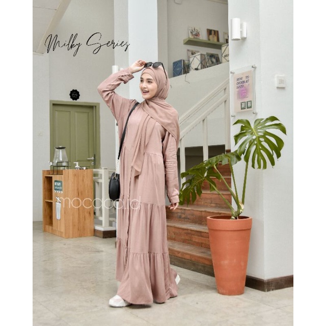 Dress Polo Lady katun Rayon Twill Premium busui wudhu friendly full kancing jumbo cokelat caramel