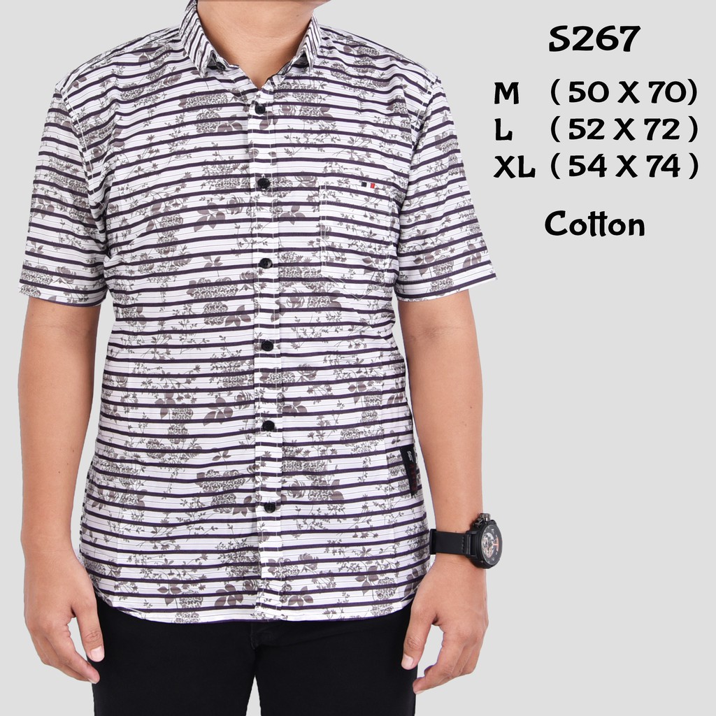 kemeja pria  S267 Baju Kemeja Pria Cowok Motif Cassual Putih Lengan Pendek