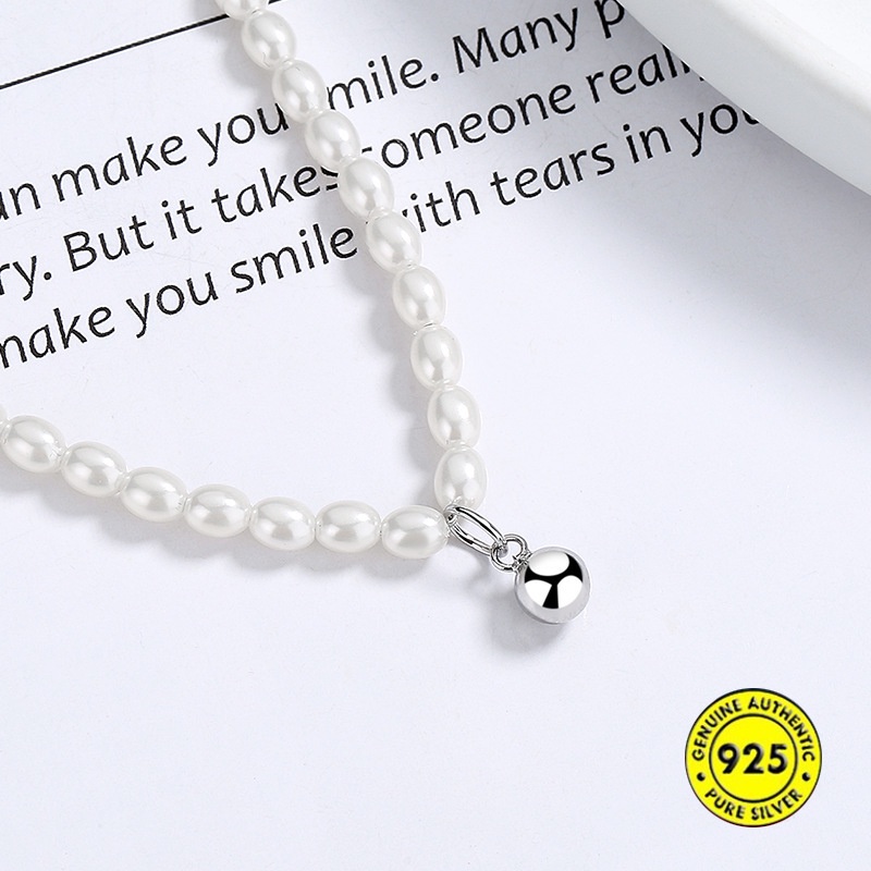Kalung Rantai Klavikula Bahan S925 Silver Hias Bola Mutiara Gaya Perancis Untuk Wanita