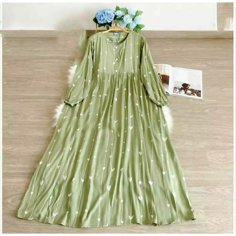 HILSA DRESS RAYON MINT | GAMIS BUSUI MOTIF LOVE HIJAU | MAXI TOSCA