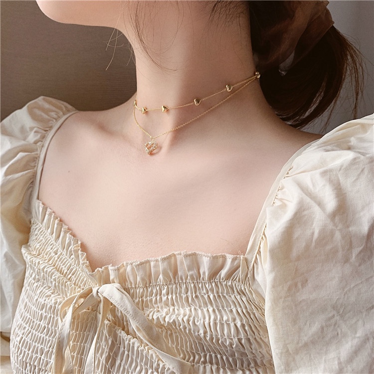 Fashion Wanita Kalung Double Stacked Chain Heart Necklace