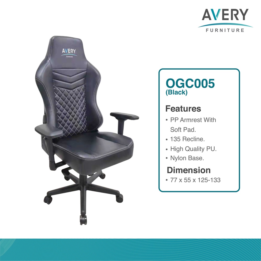 Avery - OGC005 - Kursi Gaming Premium Quality Back Support Black