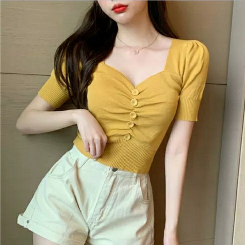 MDLV ~ E150-3 Moletta knit Cropped Top Women Knit Crop Top Atasan Crop Rajut Kancing Serut Crop Top Korea Crop Top Viral Crop Top Rajut Premium Fashion Import