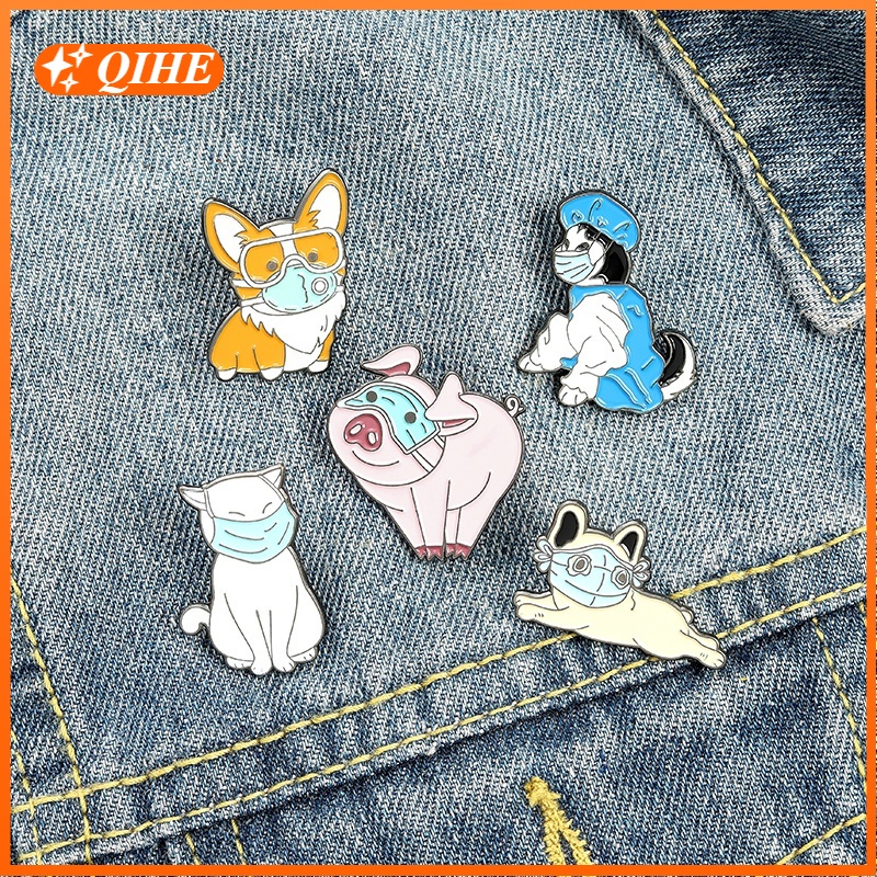 Bros Pin Enamel Bentuk Kartun Hewan Kucing Anjing Babi Corgi Husky French Bulldog Untuk Hadiah