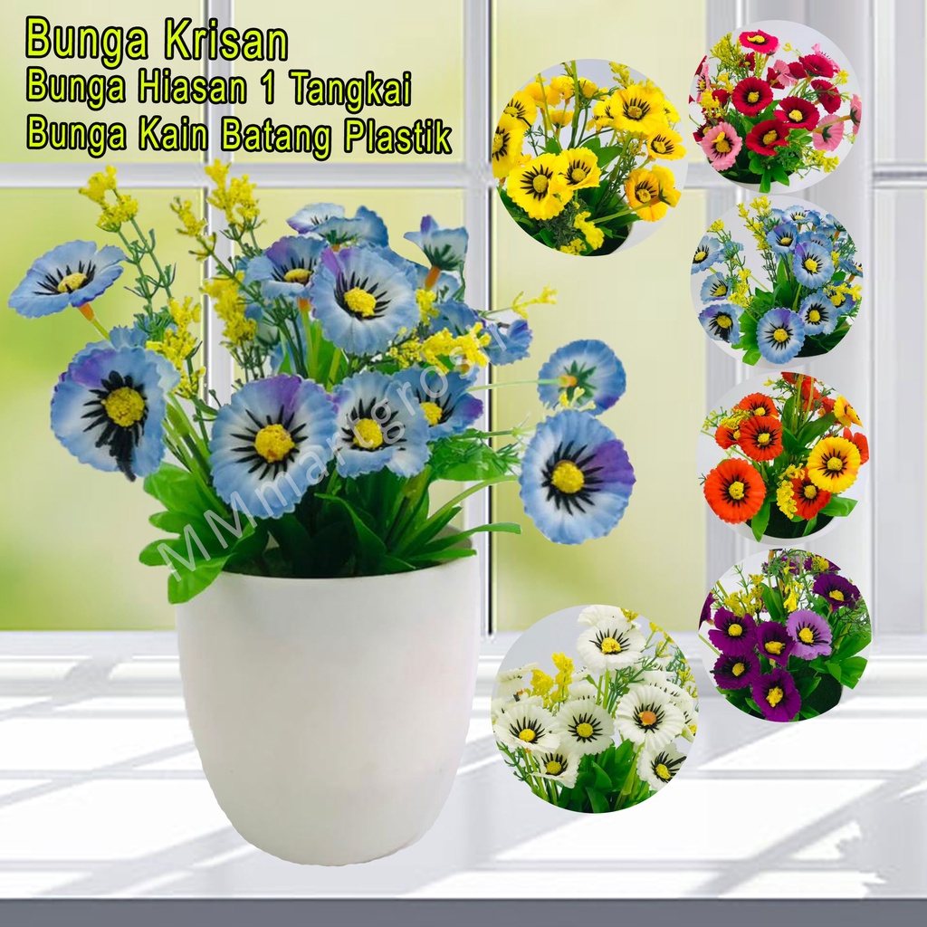 Bunga Krisan + Vas Bunga / Bunga Hiasan / Bunga Kain Batang Plastik