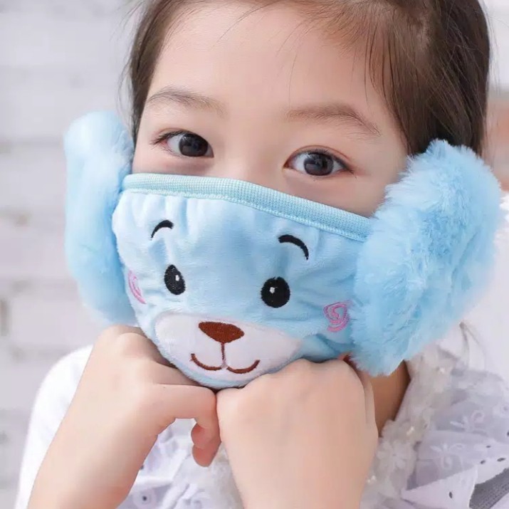 (READY) Masker anak 2 In 1 Mask Mouth Kpop Bear Protective Mask Masker Dust-proof Warm Face Ear Cott