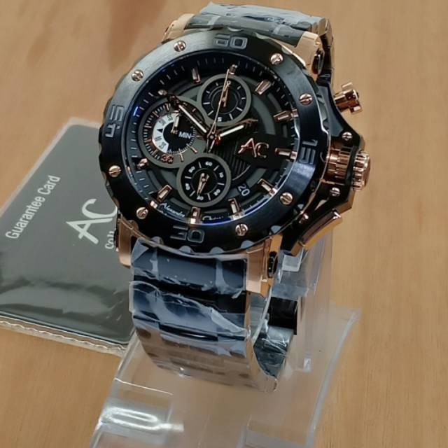 Jam Tangan Alexandre Christie AC 9205 MC Rantai Black Rosegold Pria / Cowok Original