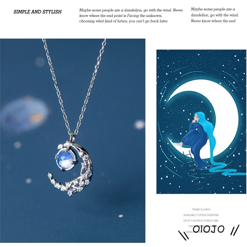 Moon Diamond Moonstone Necklace Desain Sederhana Kalung Mewah Ringan - ol