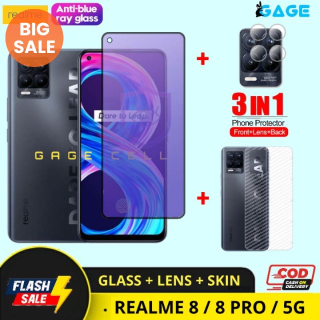 , PROMO 3IN1 Tempered Glass Anti Blue Light Full Layar Realme 8 Pro Realme8 Screen protector