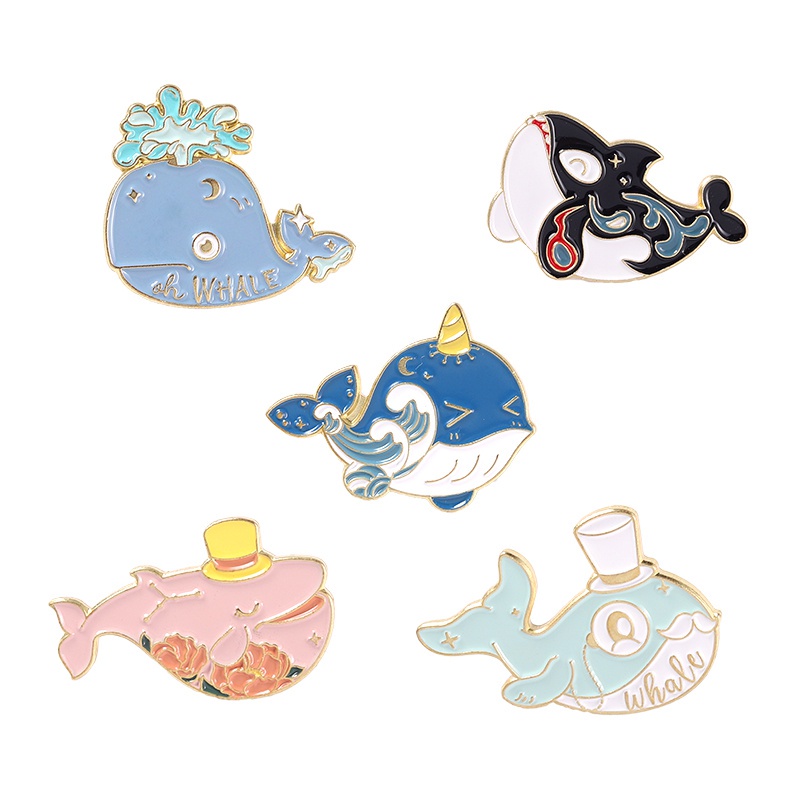 Whale Bros Pin Enamel Desain Kartun Ikan Paus / Bunga / Ombak Laut Untuk Anak Laki-Laki / Perempuan