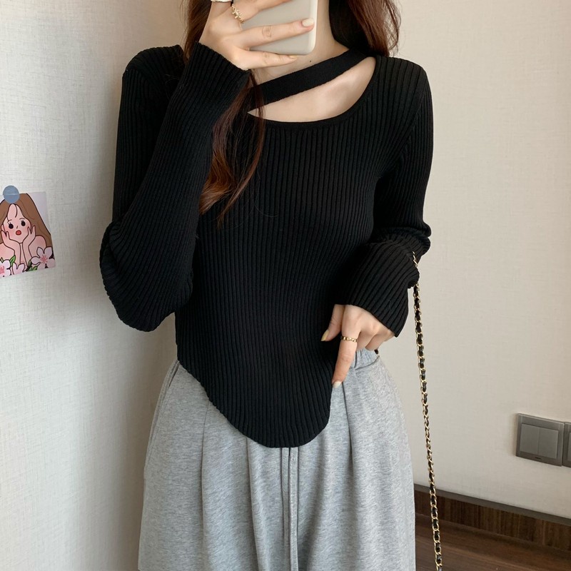 YIU YIU Rajut - Sweater Rajut Crop Top Lengan Panjang Wanita Korean