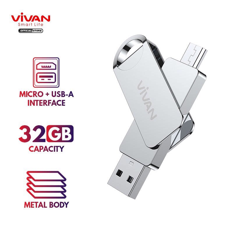 VIVAN Flashdisk OTG VOM 132 VOC 132 VOC132 32GB / VOC 164 VOC164 64GB  Dual Interface TIPE C &amp; USB-A Metal Body Silver Garansi Resmi 1 Tahun