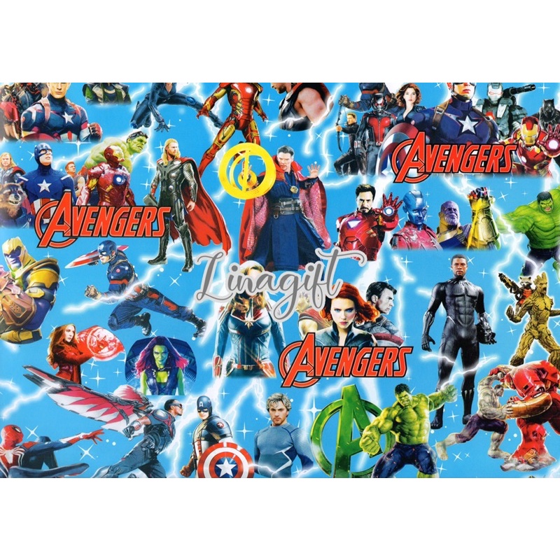 ( 5 Lembar ) SR SUPERHEROES - KERTAS KADO GLOSY - GIFT WRAP PAPER SPIDERMAN AVENGERS CAPTAIN AMERICA HULK