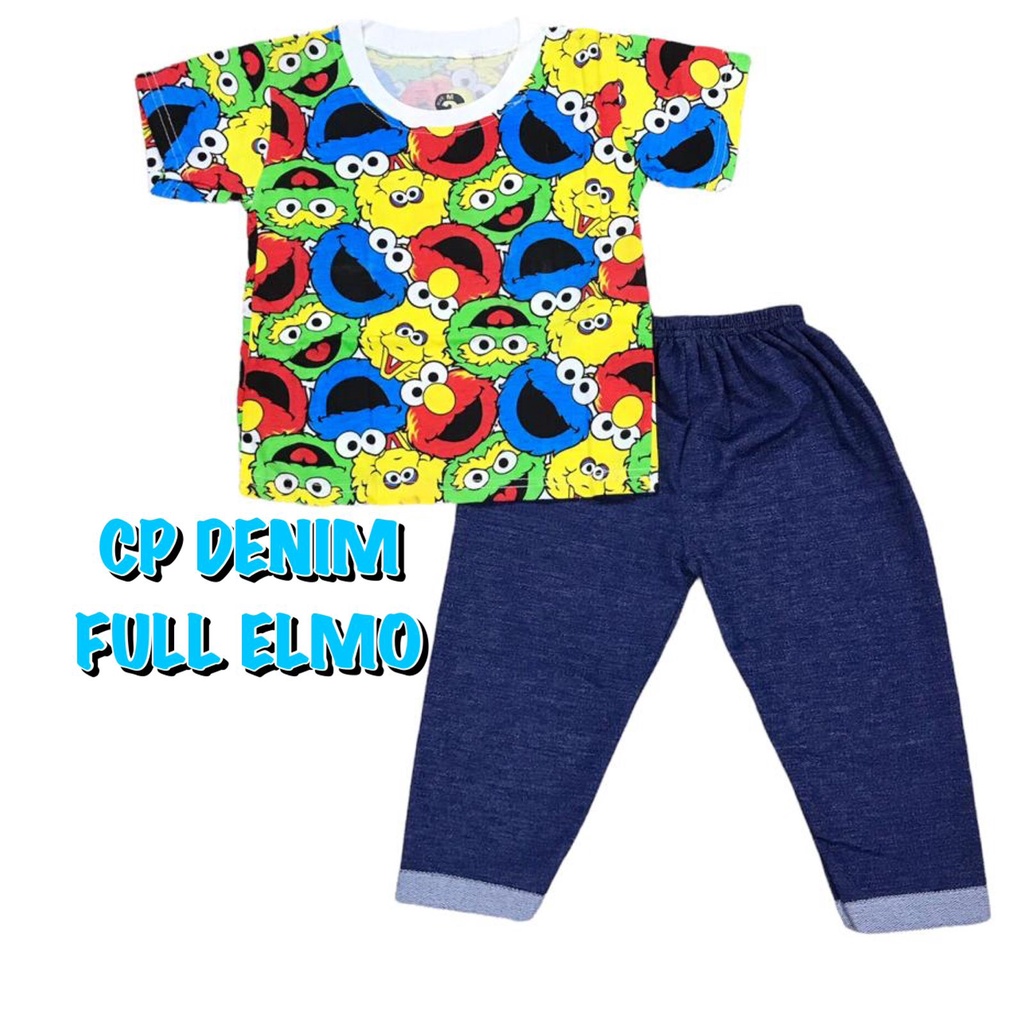 (1 KG MUAT 7 STEL) BAJU SETELAN CP DENIM FASHION OBLONG ANAK LAKI-LAKI/COWOK BAHAN KAOS KATUN ELMO