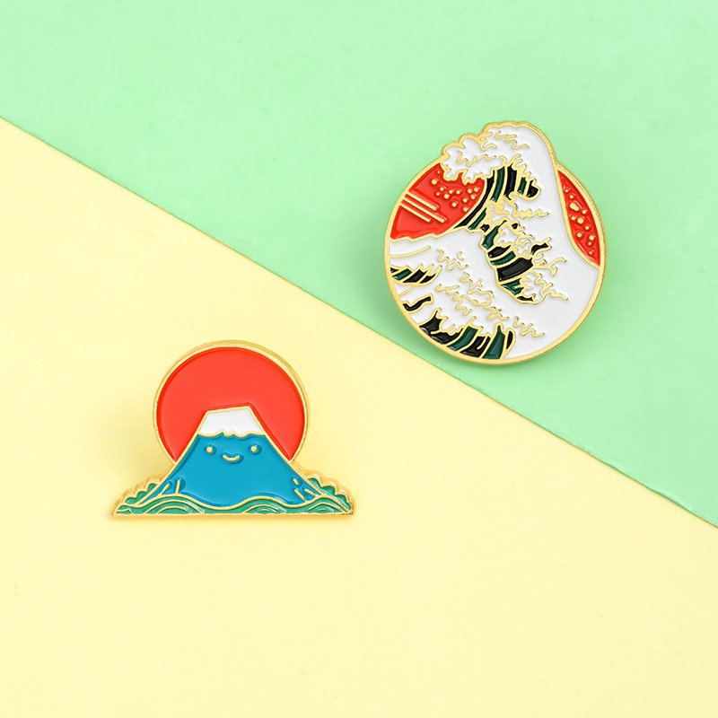 Bros Pin Desain Ilustrasi Gunung Fuji Warna Merah Biru Gaya Jepang Untuk Aksesoris Tas