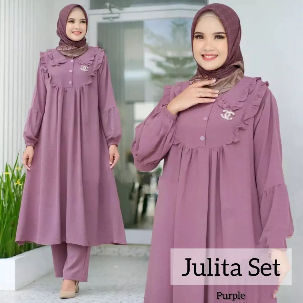 Julita Set Baju Wanita Setelan Jumbo Terbaru 2022/Setelan Muslim Wanita Terbaru Bahan Cringkle/Setelan Long Tunik Set/ Fashion Outfit set 2 In 1 Anti Kusut