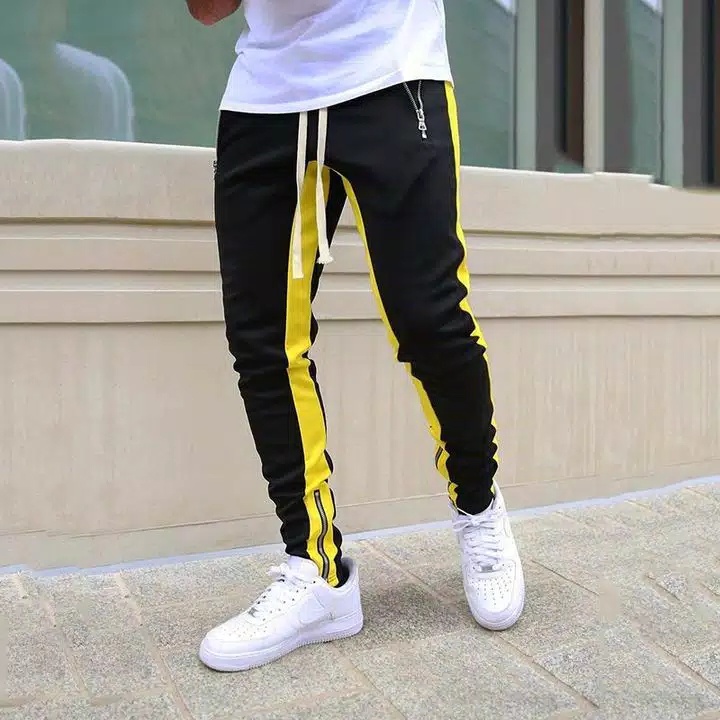 CELANA JOGGER PANTS HYPEBEAST SWEATPANTS TRACKPANTS HYPE STREETWEAR BLACK YELLOW ZIPPER DOUBLE LIST