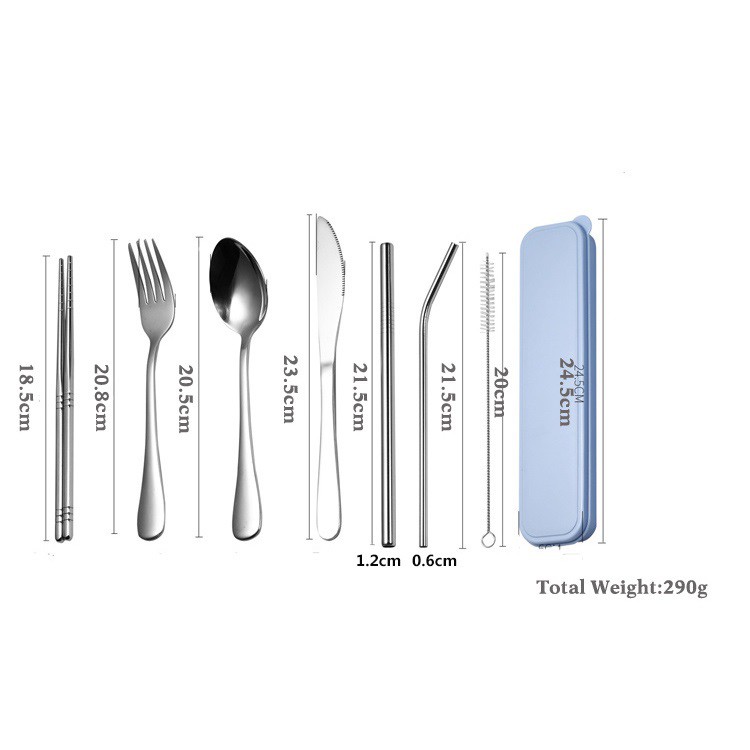 Cutlery Set Travel Paket Alat Makan Sendok Garpu Pisau Sumpit Sikat Pembersih Sedotan Stainless