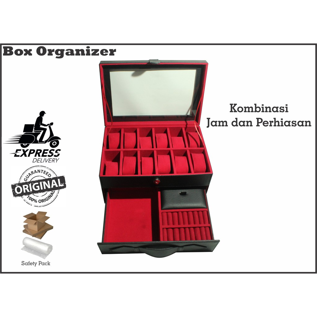 PROMO - Kotak Tempat Jam Tangan Isi 12 Mix Laci Perhiasan / Watch Box Organizer Hitam Merah