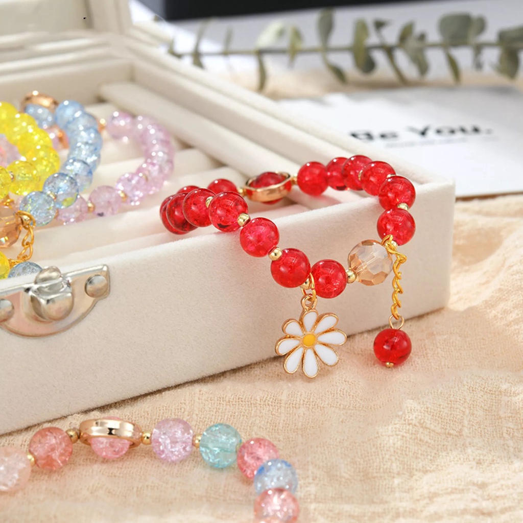 Gelang kristal wanita cantik daisy aesthetic style bahan bola akrilik tali melar