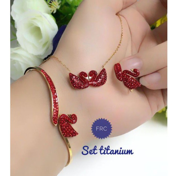 (FEB) TERMURAH Set Perhiasan TITANIUM Anti Karat Gelang Cincin Kalung Angsa Permata Merah Xuping