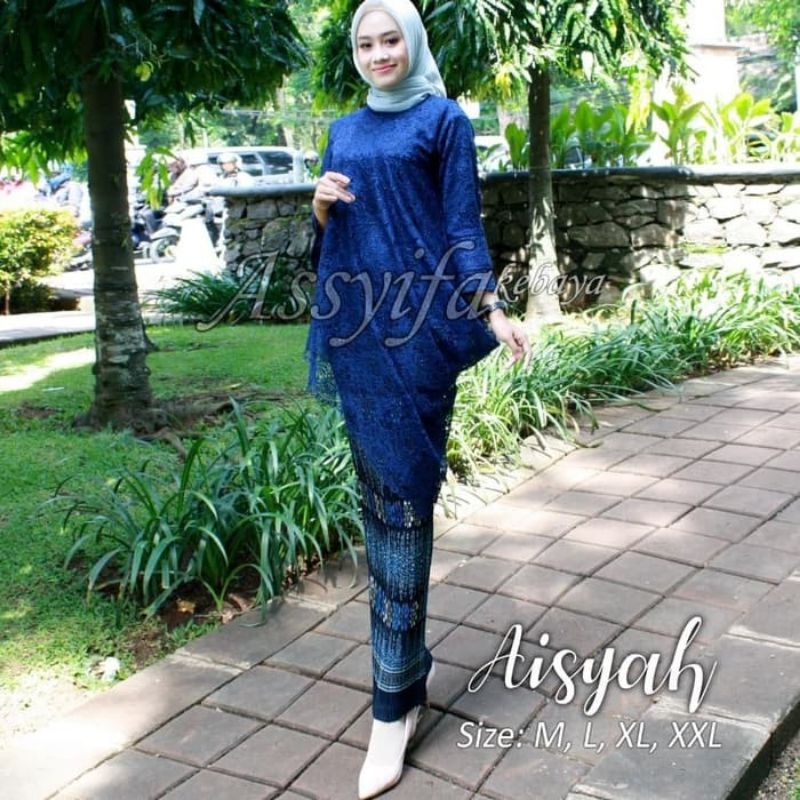 IndahKebaya | SET KEBAYA BROKAT MIRENG / TUNIK MENCENG / PESTA KONDANGAN / MOCCA DUSTY NAVY SILVER