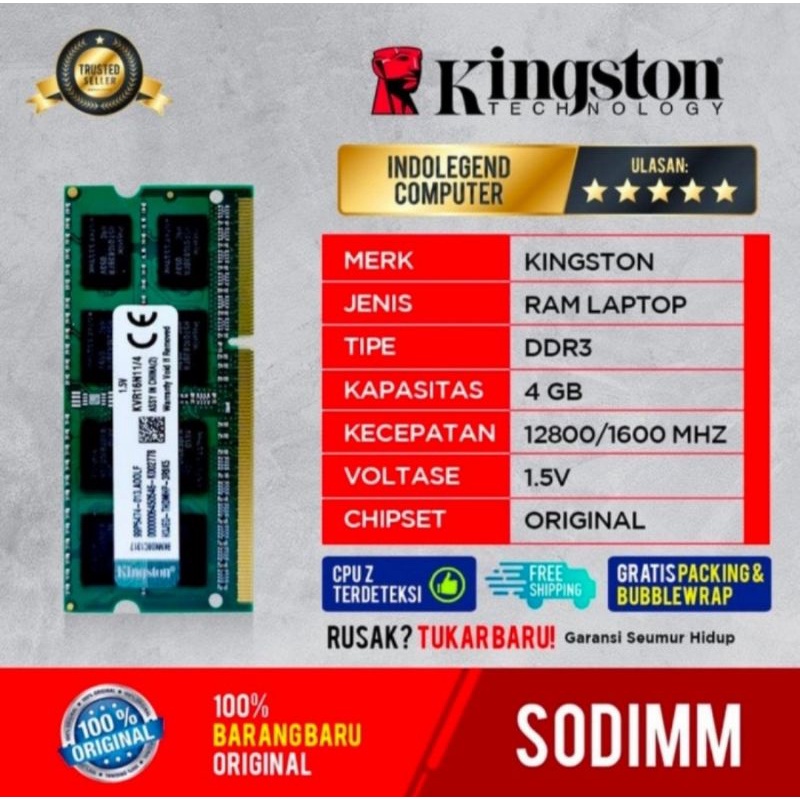 RAM KINGSTON SODIM DDR3 4GB NON L PC12800