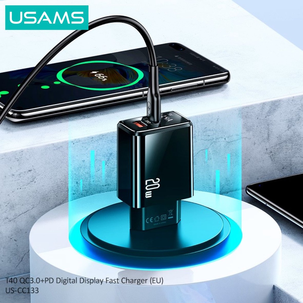 USAMS T40 Adaptor Kepala Charger Fast Charge Digital Display QC3.0 PD 20W