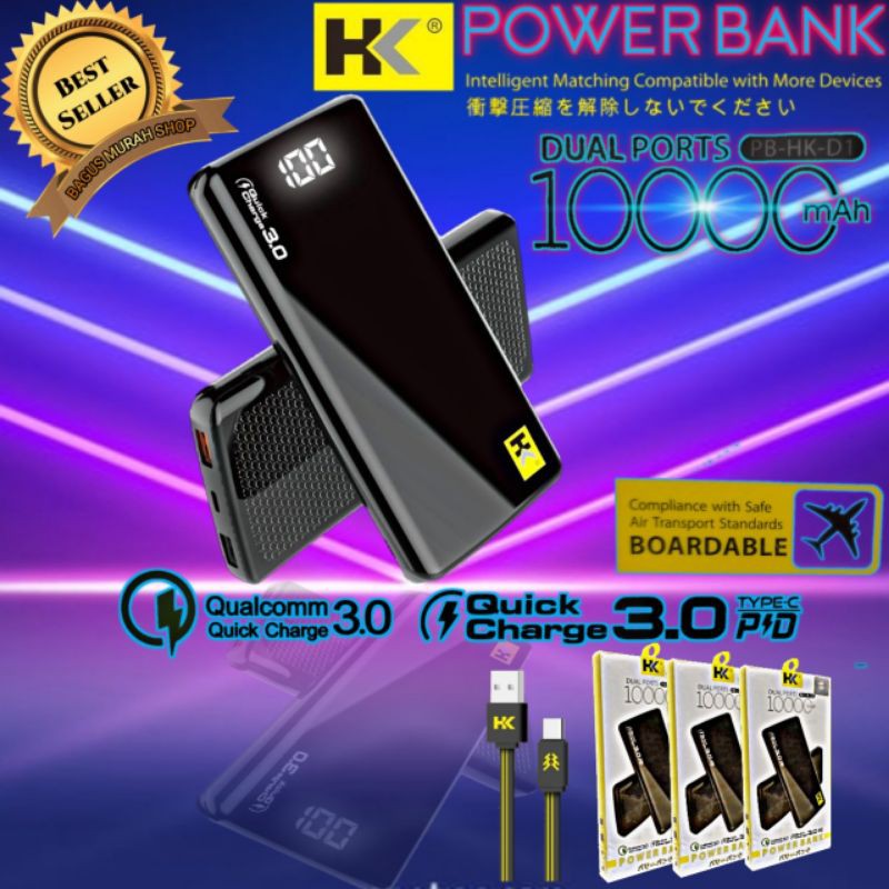 POWER BANK HK 10.000mAh 2 port USB QUICK CHARGE 3.0A pengisian daya cepat QUALCOMM indikator LCD