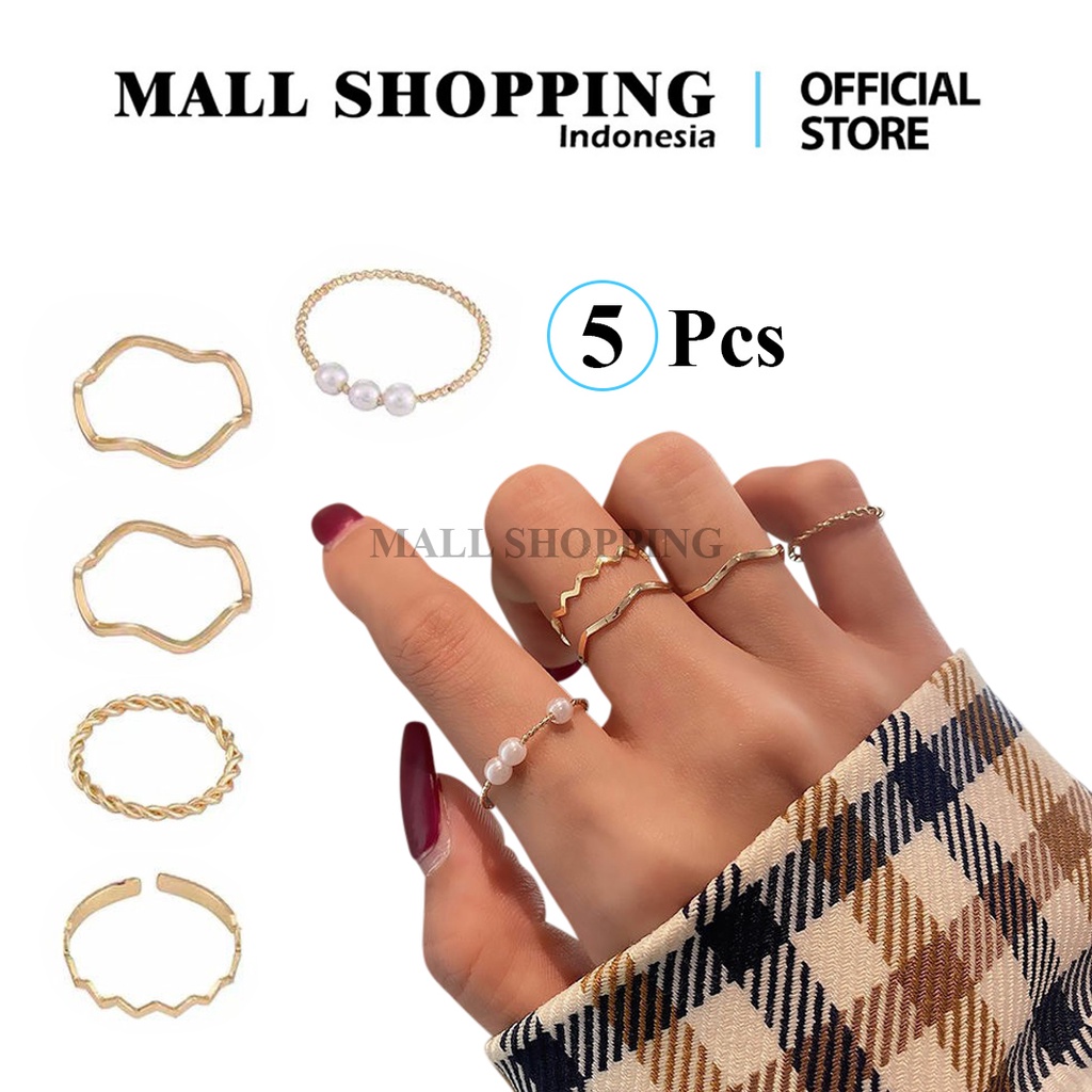 (COD) Cincin Aksesoris 1Set Cincin isi 5PCS Desain Geometri Mutiara Metal Korea MALLSHOPPING